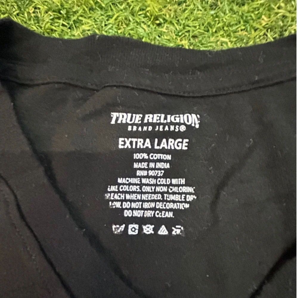 True Religion Mens V-Neck T-Shirt Black Gold Logo Cotton Short Sleeve XL